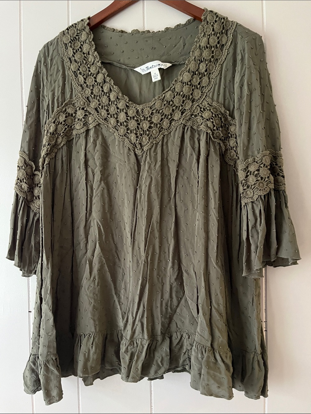 Boho Crochet-Trim Peasant Top - Olive Green